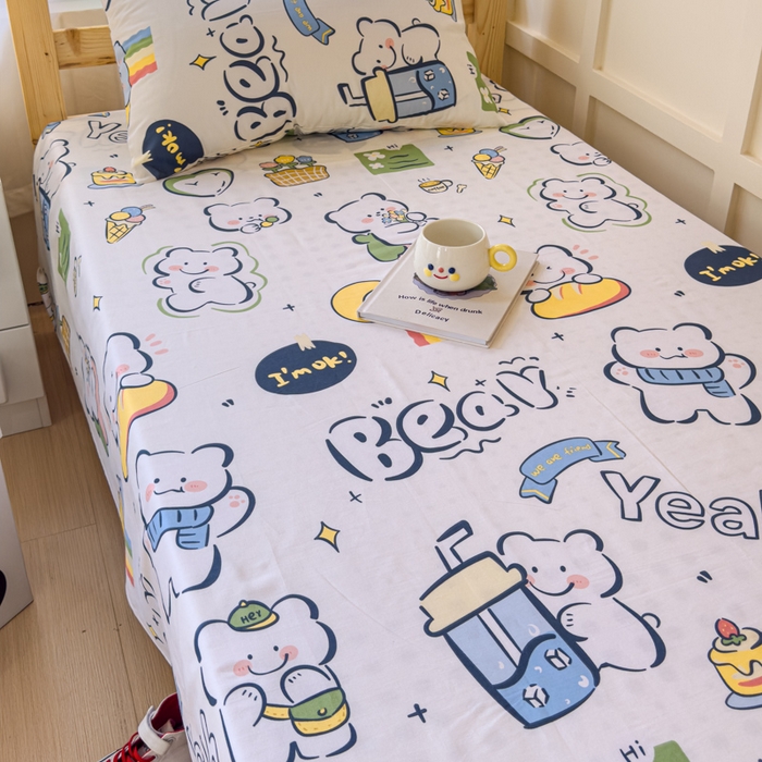 91家纺网 家纺一手货源 找家纺 金丝鸟家纺 2024新款全棉小清新印花单床单系列（学生床） 快乐小熊