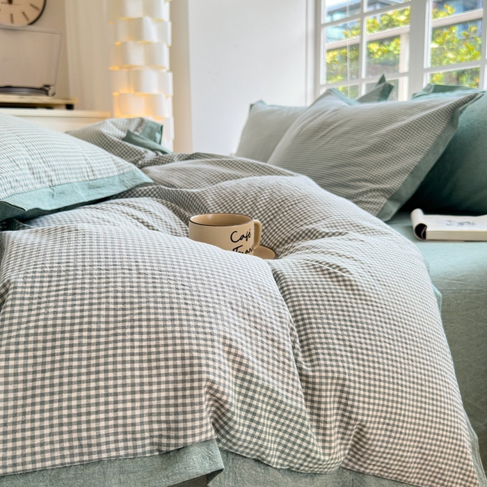 91家纺网 家纺一手货源 找家纺 宜家坊 2024新款全棉色织水洗棉宽边断角四件套 爱的邂逅-绿