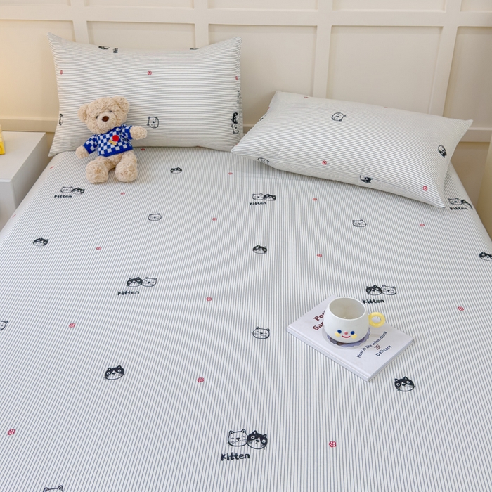 91家纺网 家纺一手货源 找家纺 金丝鸟家纺 2024新款全棉小清新印花单床笠系列 小萌猫