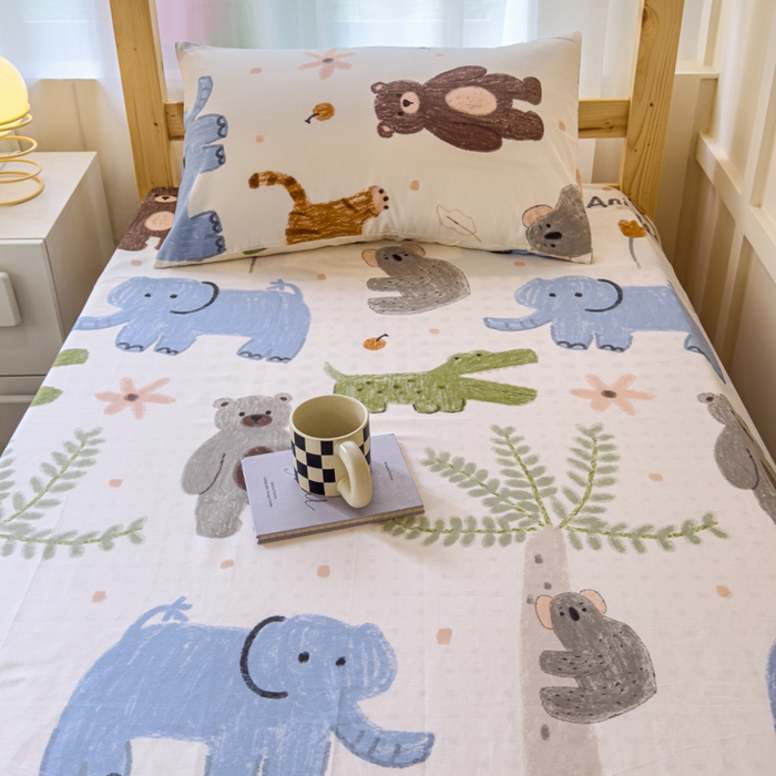 91家纺网 家纺一手货源 找家纺 金丝鸟家纺 2024新款全棉小清新印花单床单系列（学生床） 奇妙动物园