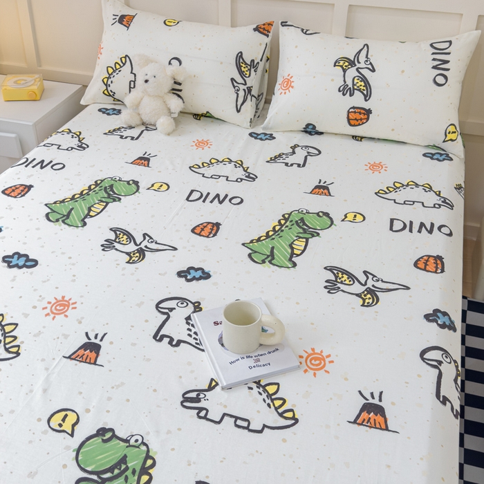 91家纺网 家纺一手货源 找家纺 金丝鸟家纺 2024新款全棉小清新印花单床笠系列 抗浪恐龙