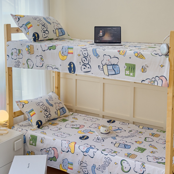 91家纺网 家纺一手货源 找家纺 金丝鸟家纺 2024新款全棉小清新印花单床单系列（学生床） 快乐小熊