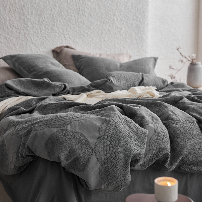 91家纺网 家纺一手货源 找家纺 安莱生活 2025新款棉麻纱洗大提花四件套--梦露系列 梦露-深灰