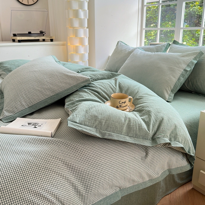 91家纺网 家纺一手货源 找家纺 宜家坊 2024新款全棉色织水洗棉宽边断角四件套 爱的邂逅-绿