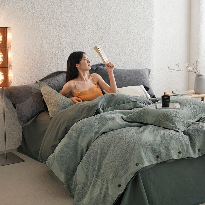 91家纺网 家纺一手货源 找家纺 安莱生活 2025新款棉麻纱洗大提花四件套--梦露系列 梦露-草绿