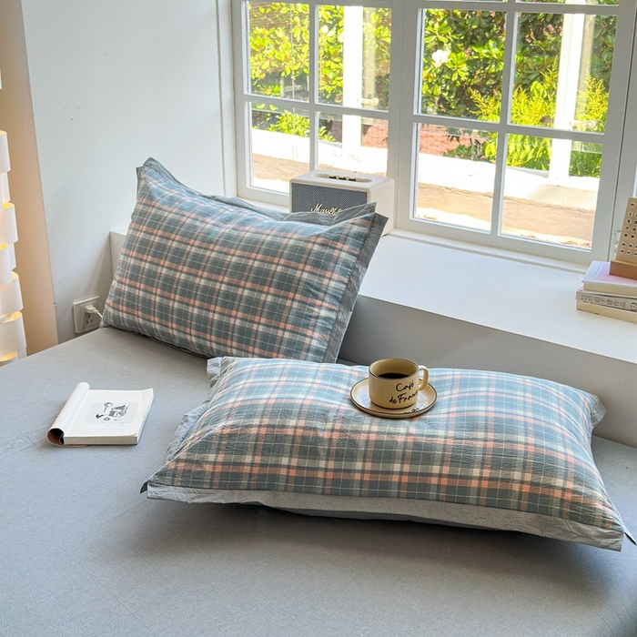 91家纺网 家纺一手货源 找家纺 宜家坊 2024新款全棉色织水洗棉宽边断角四件套 小幸运-粉蓝