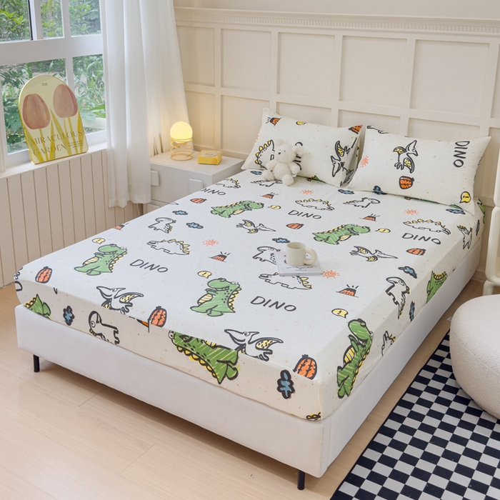 91家纺网 家纺一手货源 找家纺 金丝鸟家纺 2024新款全棉小清新印花单床笠系列 抗浪恐龙