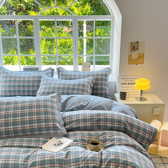 91家纺网 家纺一手货源 找家纺 宜家坊 2024新款全棉色织水洗棉宽边断角四件套 小幸运-粉蓝