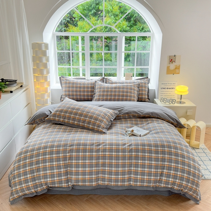 91家纺网 家纺一手货源 找家纺 宜家坊 2024新款全棉色织水洗棉宽边断角四件套 小幸运-橙灰