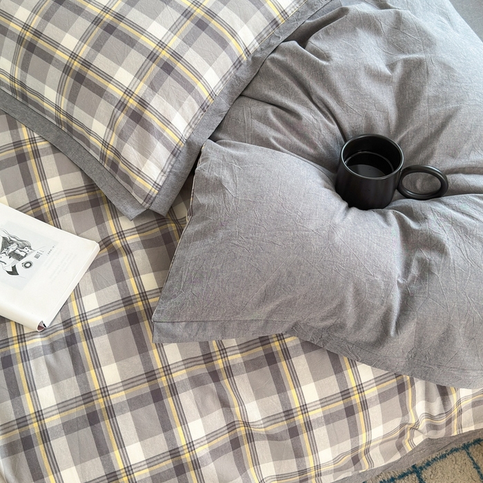 91家纺网 家纺一手货源 找家纺 宜家坊 2024新款全棉色织水洗棉宽边断角四件套 幸福恋曲-灰