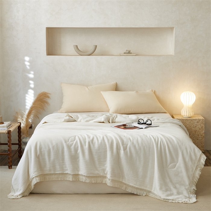 91家纺网 家纺一手货源 找家纺 2024新款全新系列天丝麻纯色多功能夏被-流苏款 天丝麻多功能夏被米白色-流苏款