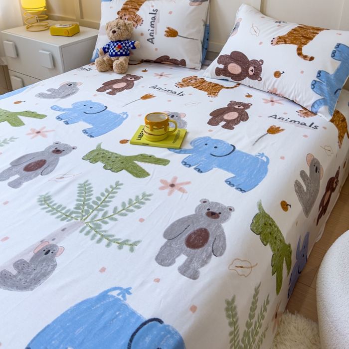 91家纺网 家纺一手货源 找家纺 金丝鸟家纺 2024新款全棉小清新印花单床单系列 奇妙动物园