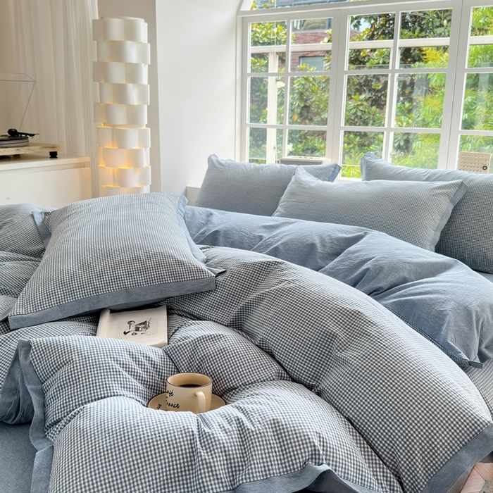 91家纺网 家纺一手货源 找家纺 宜家坊 2024新款全棉色织水洗棉宽边断角四件套 爱的邂逅-蓝