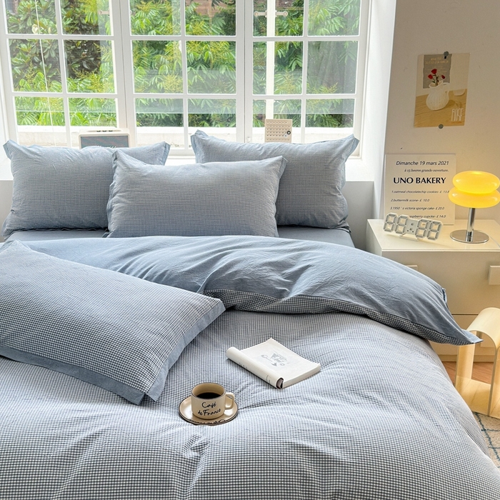 91家纺网 家纺一手货源 找家纺 宜家坊 2024新款全棉色织水洗棉宽边断角四件套 爱的邂逅-蓝