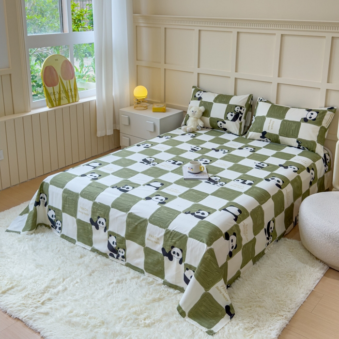 91家纺网 家纺一手货源 找家纺 金丝鸟家纺 2024新款全棉小清新印花单床单系列 棋盘米兜