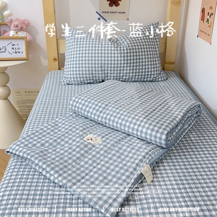 91家纺网 家纺一手货源 找家纺 2024新款学生三件套多功能被套 水洗棉床盖 砂洗床盖 床盖三件套 蓝小格