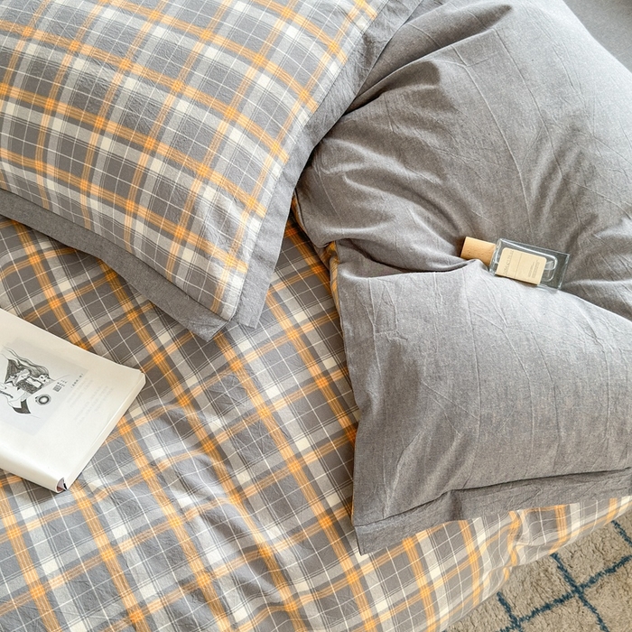 91家纺网 家纺一手货源 找家纺 宜家坊 2024新款全棉色织水洗棉宽边断角四件套 小幸运-橙灰