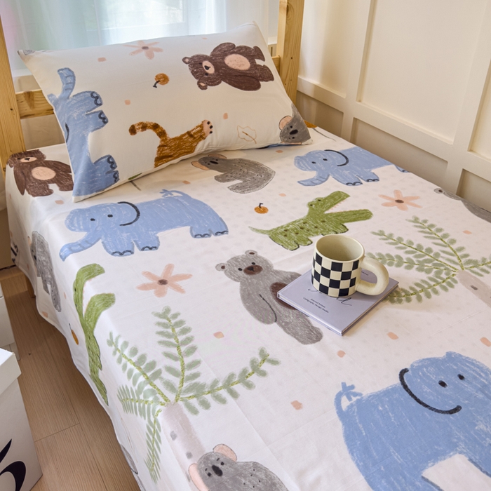 91家纺网 家纺一手货源 找家纺 金丝鸟家纺 2024新款全棉小清新印花单床单系列（学生床） 奇妙动物园