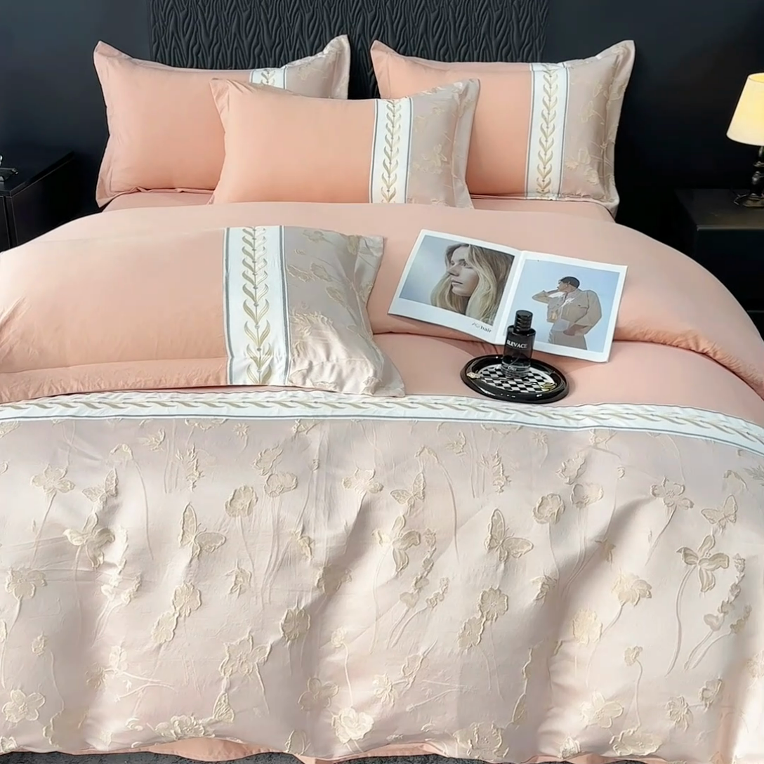 91家纺网 家纺一手货源 找家纺 梦舒羽 2025新款加厚水洗棉浮雕刺绣四件套学生套件 莫奈花园-豆沙