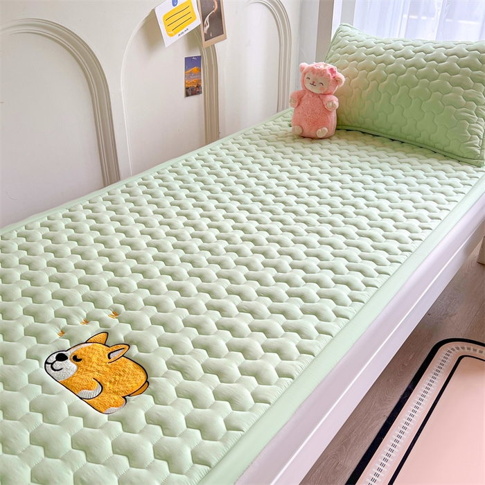 91家纺网 家纺一手货源 找家纺 雯豆家纺 2024新款学生上下铺纯色绣花床垫床褥宿舍单人床护垫-柯基 床褥款-柯基-清雅绿