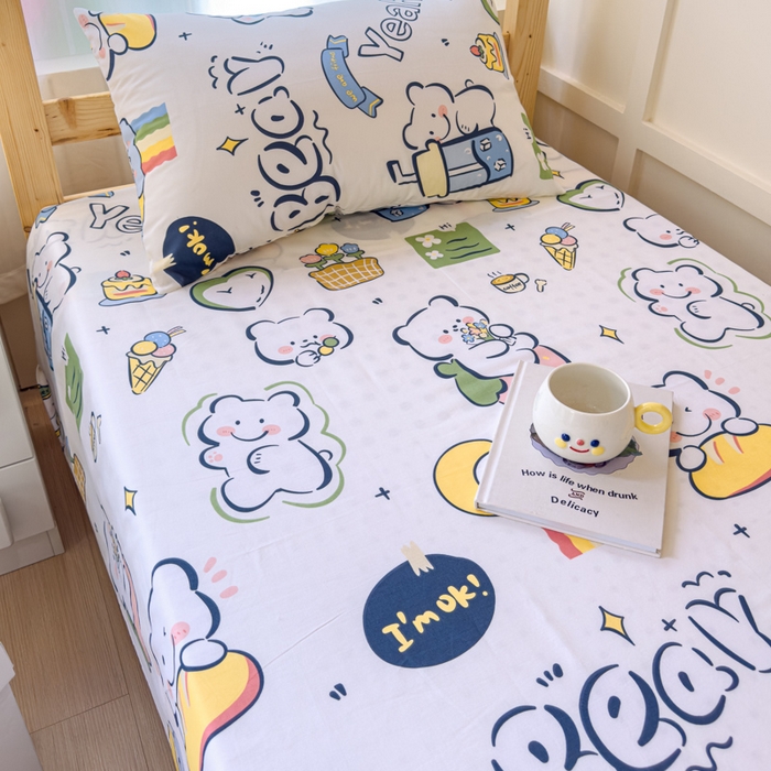 91家纺网 家纺一手货源 找家纺 金丝鸟家纺 2024新款全棉小清新印花单床单系列（学生床） 快乐小熊