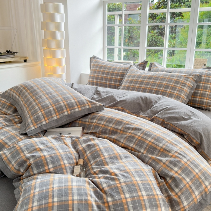 91家纺网 家纺一手货源 找家纺 宜家坊 2024新款全棉色织水洗棉宽边断角四件套 小幸运-橙灰