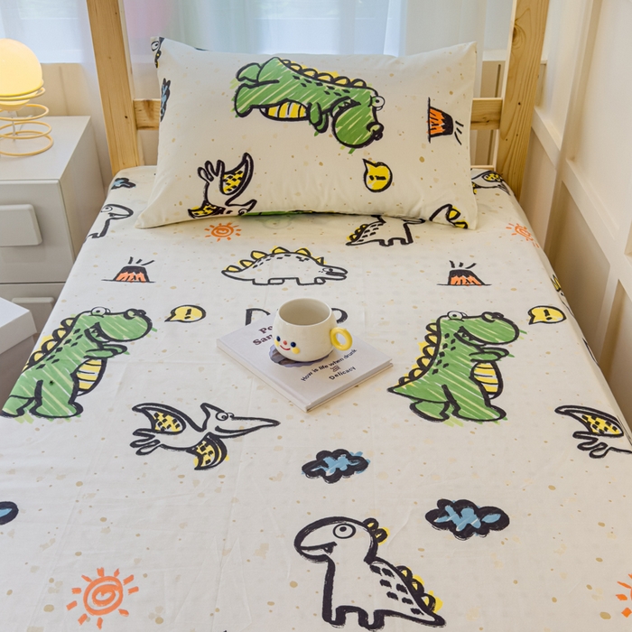 91家纺网 家纺一手货源 找家纺 金丝鸟家纺 2024新款全棉小清新印花单床单系列（学生床） 抗浪恐龙