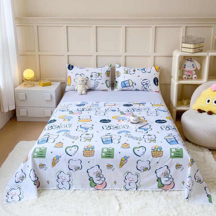 91家纺网 家纺一手货源 找家纺 金丝鸟家纺 2024新款全棉小清新印花单床单系列 快乐小熊