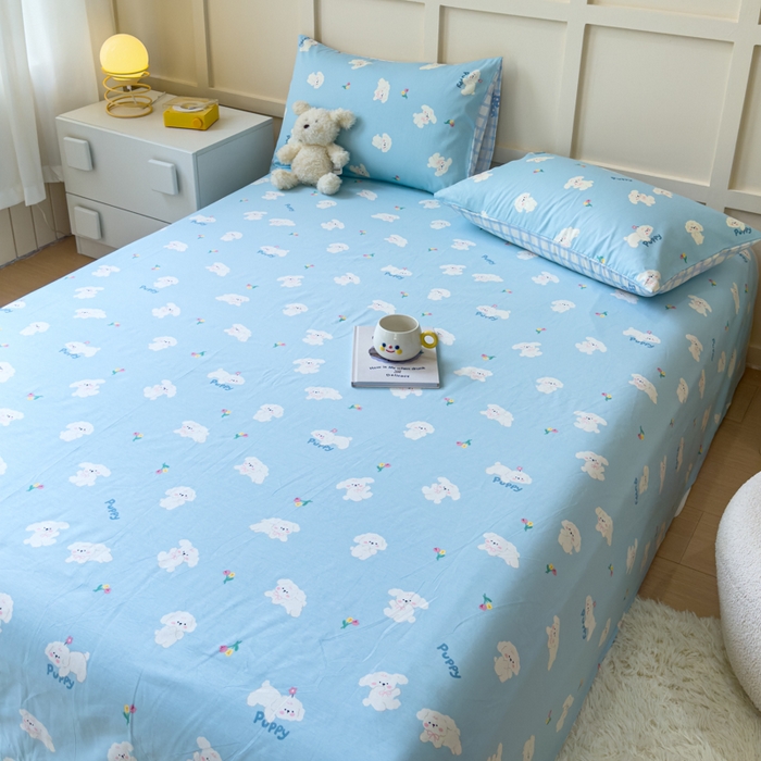 91家纺网 家纺一手货源 找家纺 金丝鸟家纺 2024新款全棉小清新印花单床单系列 婴儿蓝汪