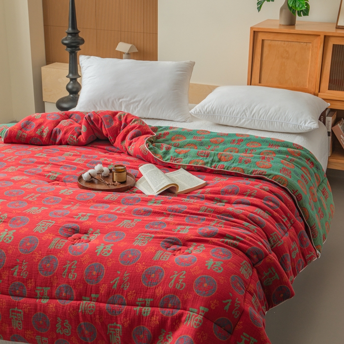 91家纺网 家纺一手货源 找家纺 睡棉坊 2025新款全棉色织提花双层纱春秋被芯冬被 百福