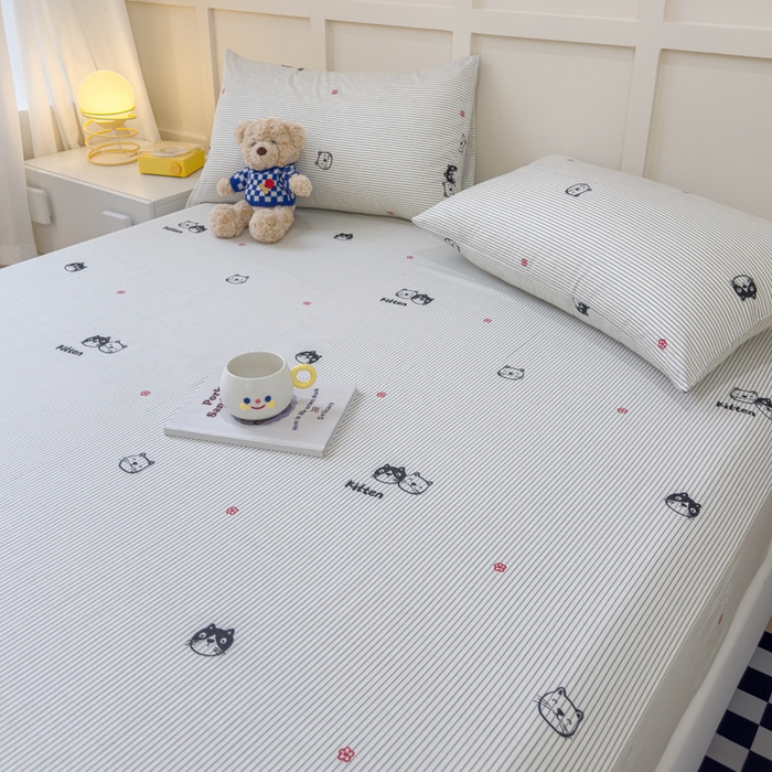 91家纺网 家纺一手货源 找家纺 金丝鸟家纺 2024新款全棉小清新印花单床笠系列 小萌猫