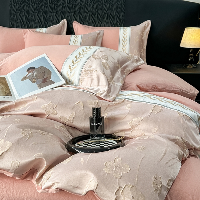 91家纺网 家纺一手货源 找家纺 梦舒羽 2025新款加厚水洗棉浮雕刺绣四件套学生套件 莫奈花园-豆沙