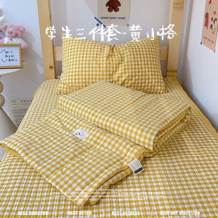 91家纺网 家纺一手货源 找家纺 2024新款学生三件套多功能被套 水洗棉床盖 砂洗床盖 床盖三件套 黄小格