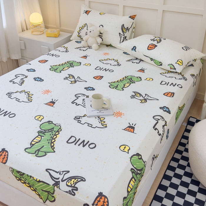 91家纺网 家纺一手货源 找家纺 金丝鸟家纺 2024新款全棉小清新印花单床笠系列 抗浪恐龙