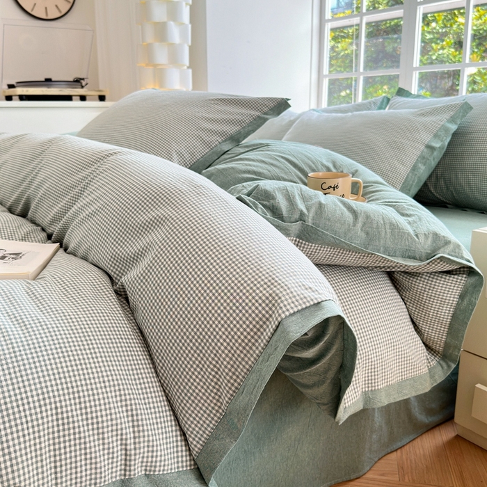 91家纺网 家纺一手货源 找家纺 宜家坊 2024新款全棉色织水洗棉宽边断角四件套 爱的邂逅-绿