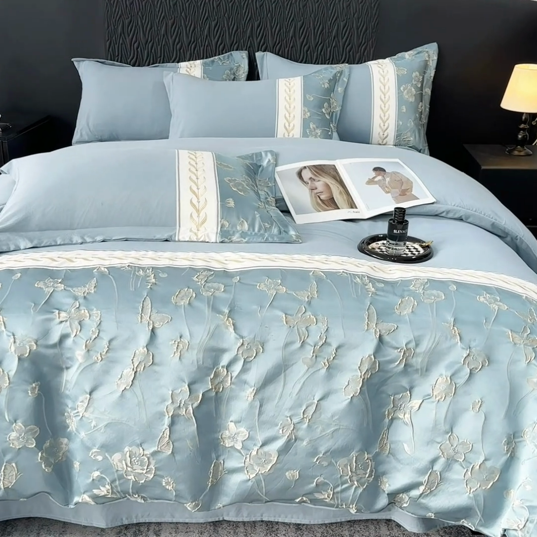 91家纺网 家纺一手货源 找家纺 梦舒羽 2025新款加厚水洗棉浮雕刺绣四件套学生套件 莫奈花园-宾利兰