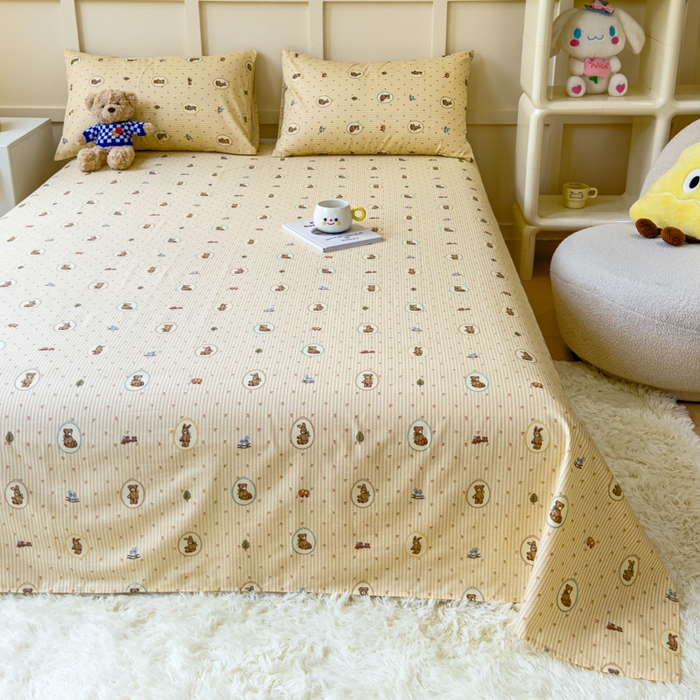 91家纺网 家纺一手货源 找家纺 金丝鸟家纺 2024新款全棉小清新印花单床单系列 美美熊