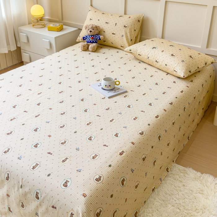 91家纺网 家纺一手货源 找家纺 金丝鸟家纺 2024新款全棉小清新印花单床单系列 美美熊