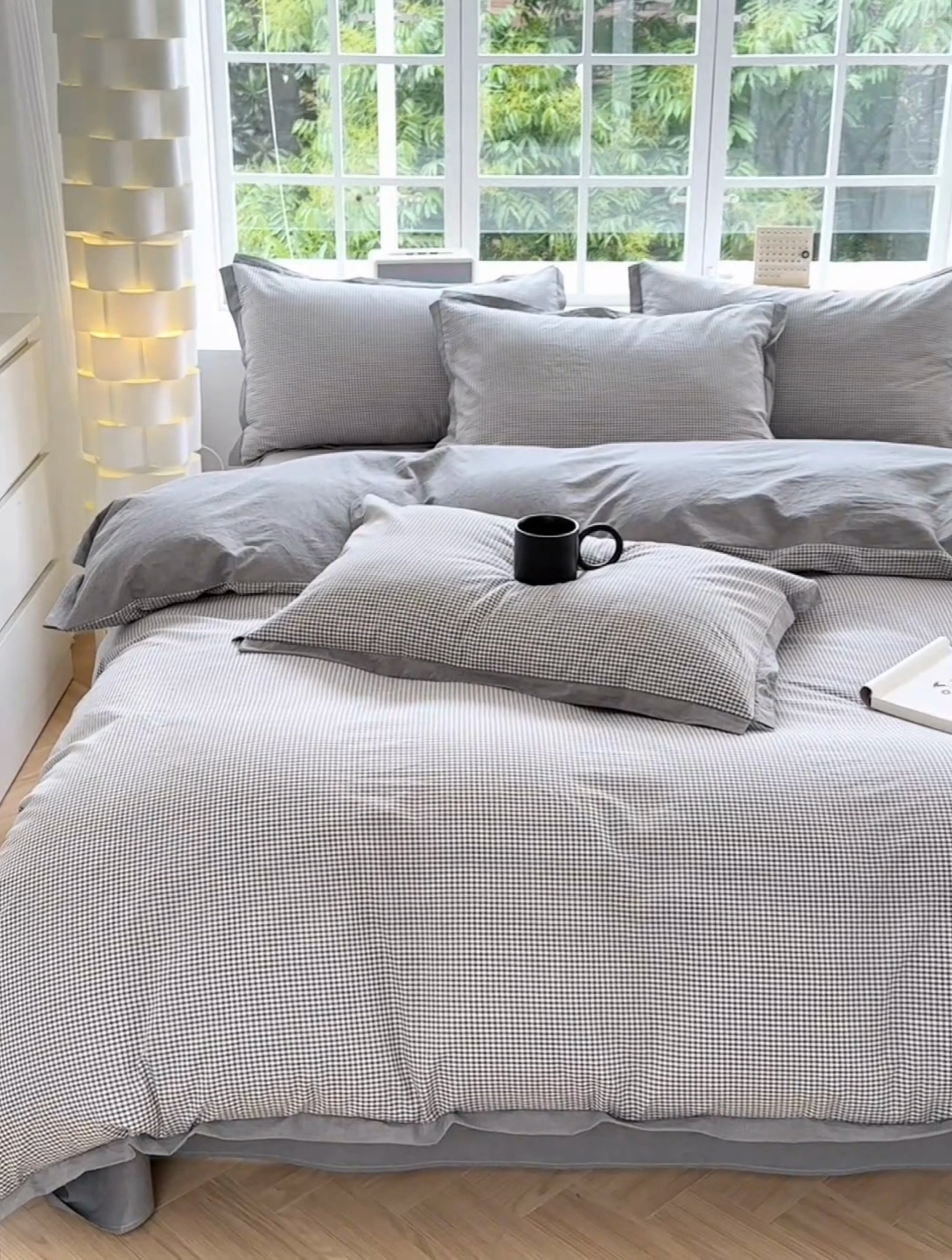 91家纺网 家纺一手货源 找家纺 宜家坊 2024新款全棉色织水洗棉宽边断角四件套 爱的邂逅-灰