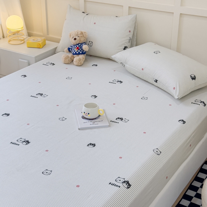 91家纺网 家纺一手货源 找家纺 金丝鸟家纺 2024新款全棉小清新印花单床笠系列 小萌猫