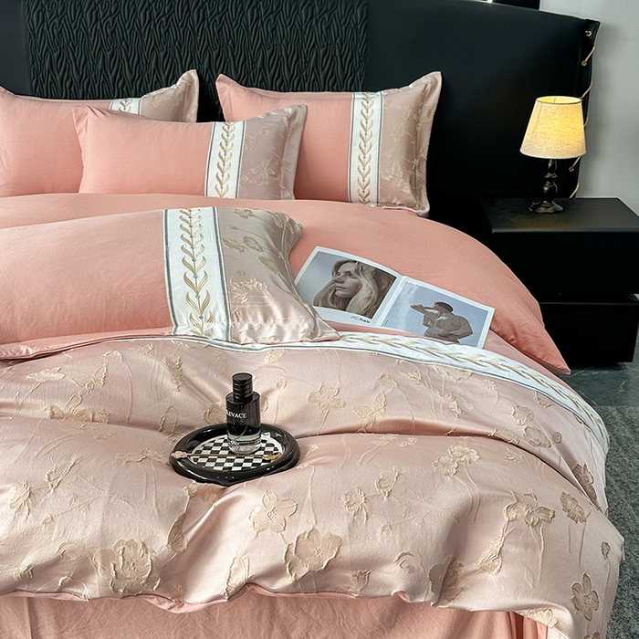 91家纺网 家纺一手货源 找家纺 梦舒羽 2025新款加厚水洗棉浮雕刺绣四件套学生套件 莫奈花园-豆沙