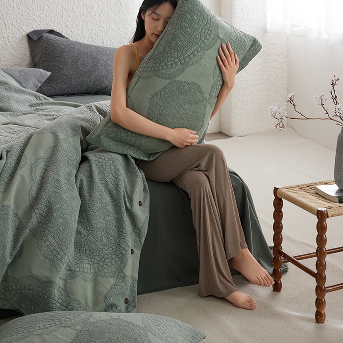 91家纺网 家纺一手货源 找家纺 安莱生活 2025新款棉麻纱洗大提花四件套--梦露系列 梦露-草绿