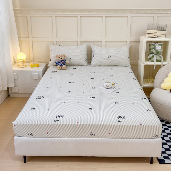 91家纺网 家纺一手货源 找家纺 金丝鸟家纺 2024新款全棉小清新印花单床笠系列 小萌猫