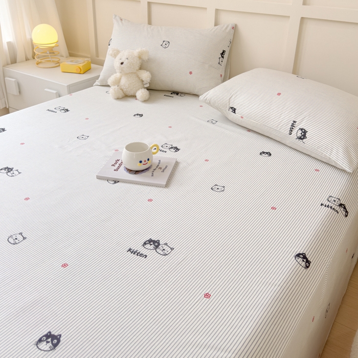 91家纺网 家纺一手货源 找家纺 金丝鸟家纺 2024新款全棉小清新印花单床单系列 小萌猫