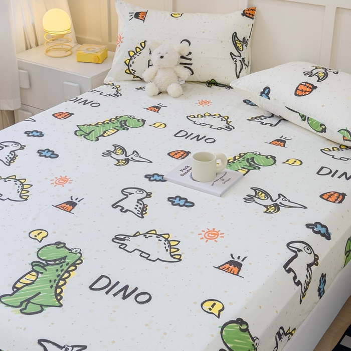 91家纺网 家纺一手货源 找家纺 金丝鸟家纺 2024新款全棉小清新印花单床笠系列 抗浪恐龙