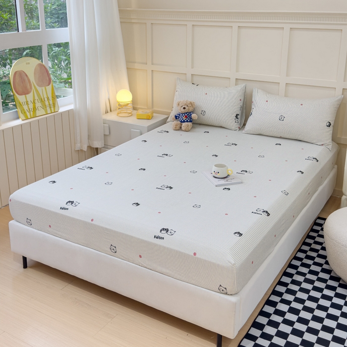 91家纺网 家纺一手货源 找家纺 金丝鸟家纺 2024新款全棉小清新印花单床笠系列 小萌猫