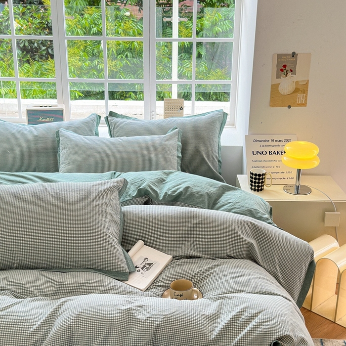 91家纺网 家纺一手货源 找家纺 宜家坊 2024新款全棉色织水洗棉宽边断角四件套 爱的邂逅-绿