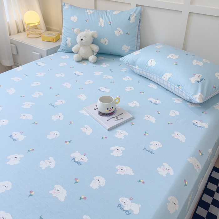 91家纺网 家纺一手货源 找家纺 金丝鸟家纺 2024新款全棉小清新印花单床笠系列 婴儿蓝汪