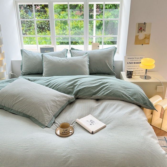 91家纺网 家纺一手货源 找家纺 宜家坊 2024新款全棉色织水洗棉宽边断角四件套 爱的邂逅-绿