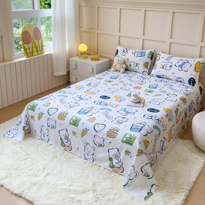 91家纺网 家纺一手货源 找家纺 金丝鸟家纺 2024新款全棉小清新印花单床单系列 快乐小熊